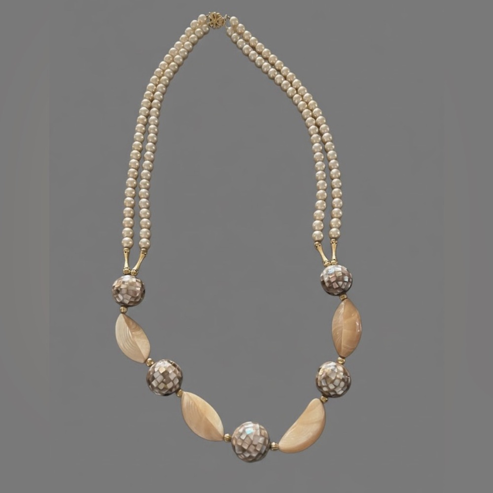 Vintage Double Strand Faux Pearl Necklace Mother of Pearl Beads